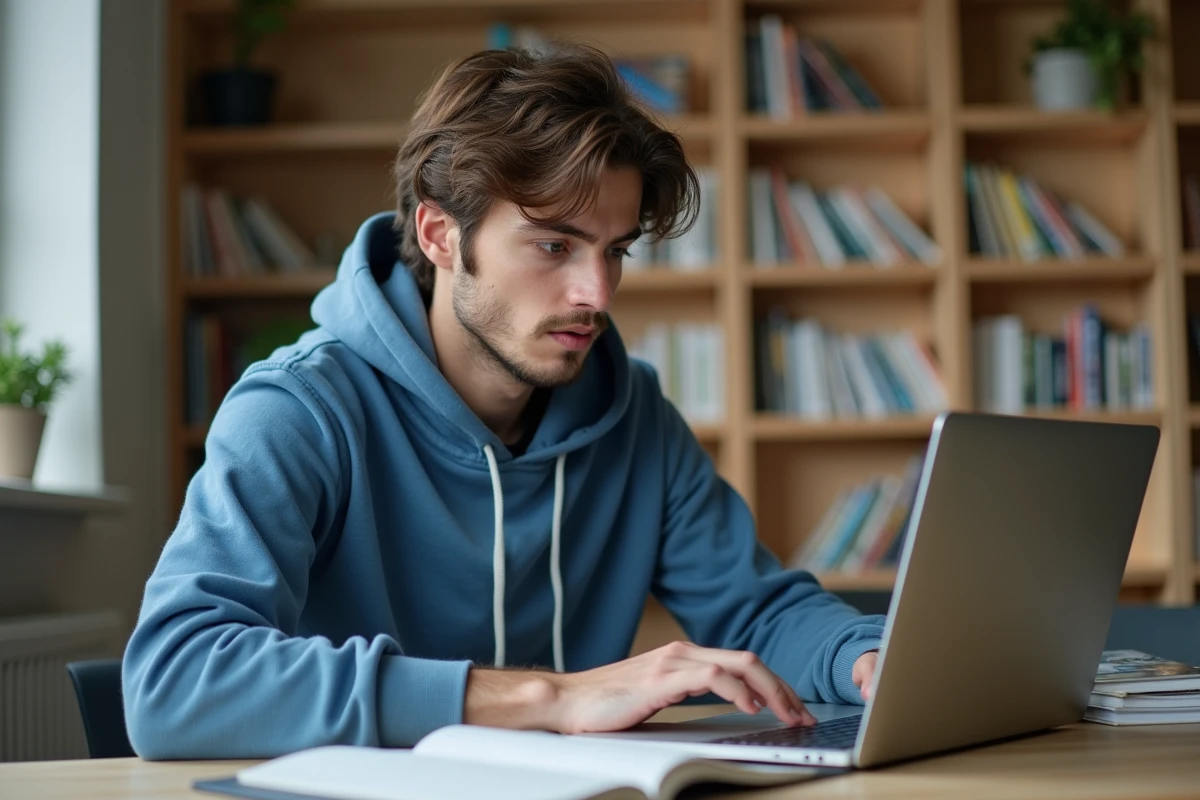 Jeune homme français lisant manga sur ordinateur dans un appartement