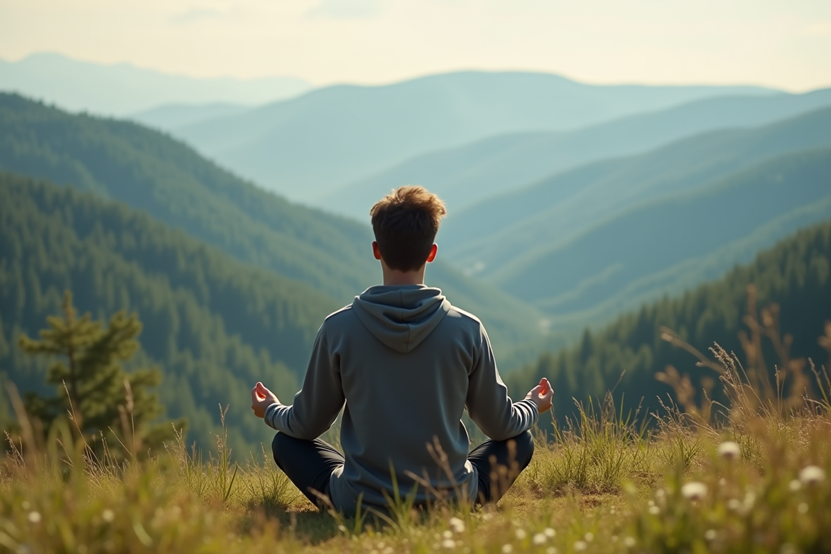 Jeune homme méditant sur une colline verdoyante