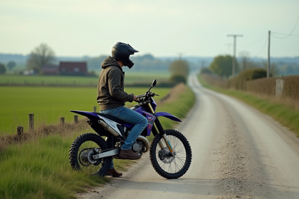 Jeune homme sur une moto tout-terrain dans la campagne