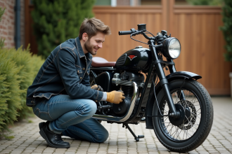 Jeune homme vérifiant la chaîne d'une moto vintage 50cm³