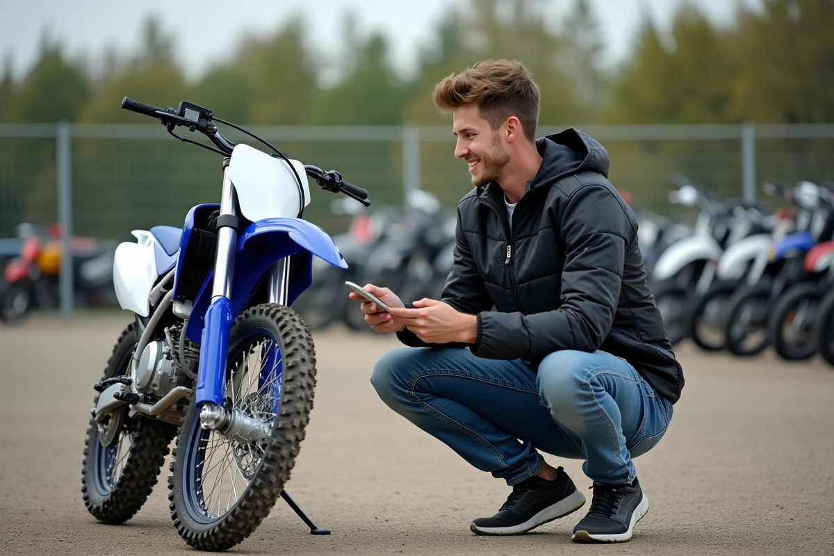 Jeune homme vérifiant le prix d'une moto Yamaha 125