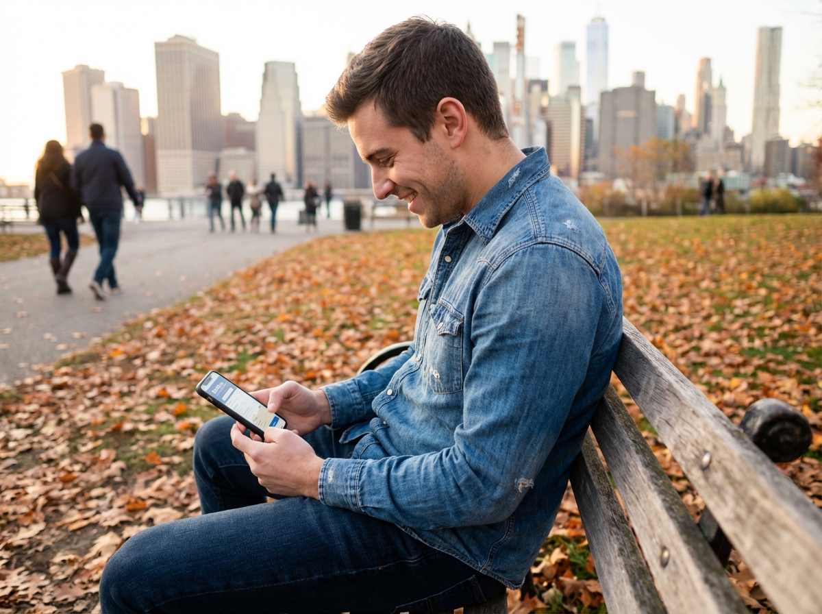 Jeune homme sur un banc de parc utilisant son smartphone