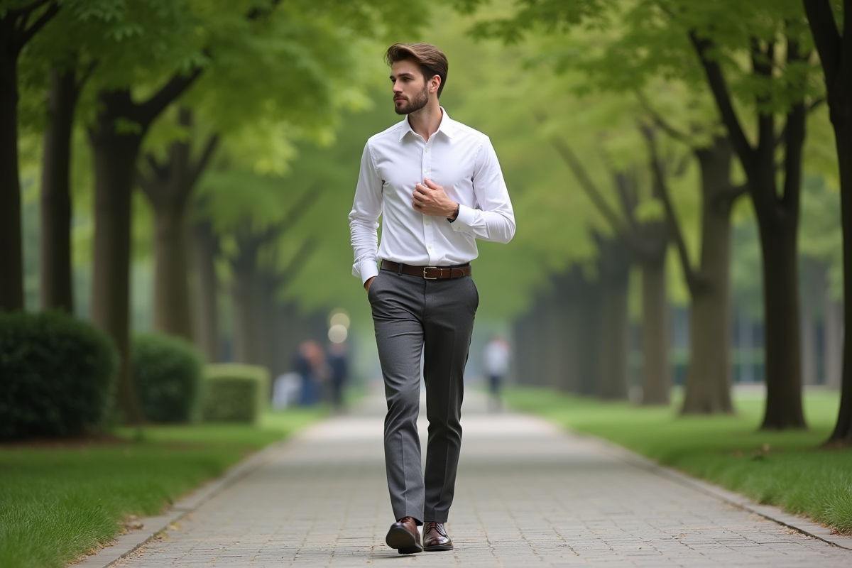 Jeune homme ajustant sa chemise dans un parc urbain
