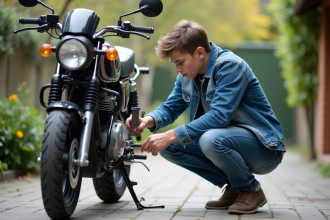 Jeune homme vérifiant la chaîne d'une moto 50cc en extérieur