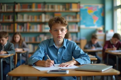 Adolescent concentré en classe avec cahier et ordinateur