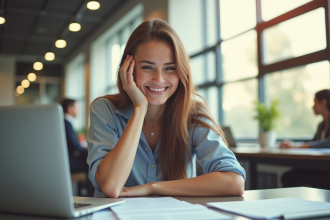 Jeune professionnel celebrant ses resultats d'examen dans un bureau lumineux