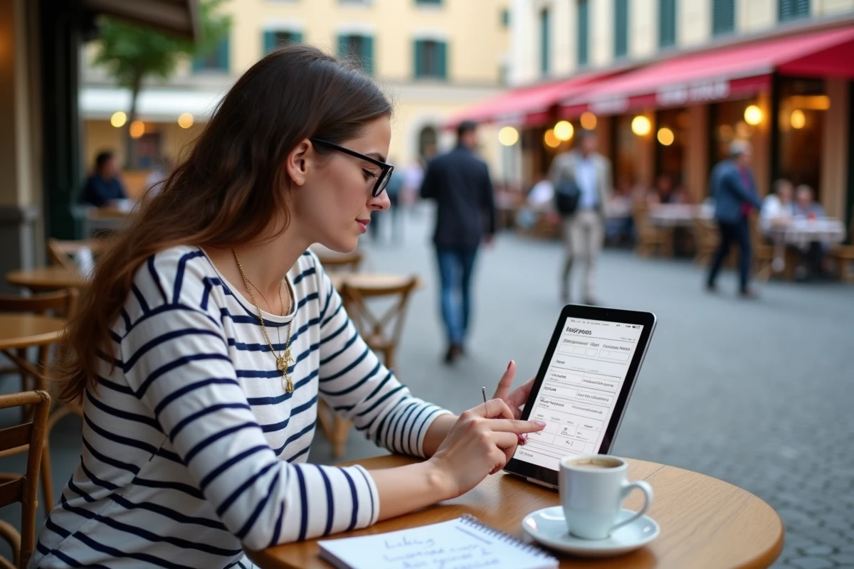Jeune femme française gérant ses annonces de vente en ligne en italien depuis une terrasse de café en France