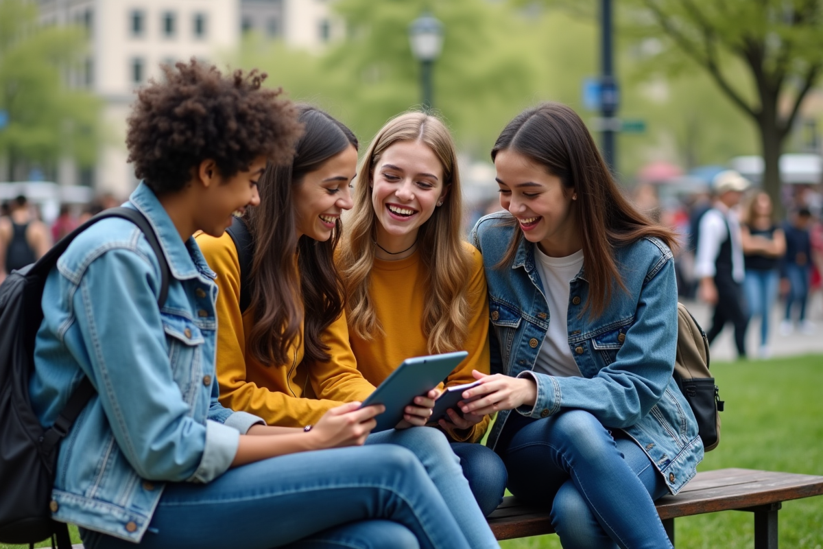 Groupe d adolescents partageant du contenu dans un parc urbain