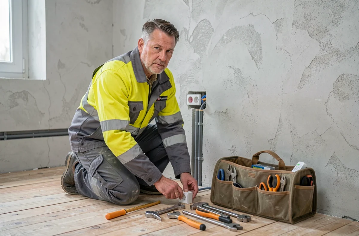 Électricien de JM Electricité installant une prise dans une pièce en rénovation dans la Somme