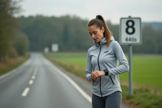 Femme joggeuse consultant sa montre GPS près d'un panneau de distance en miles sur une route de campagne