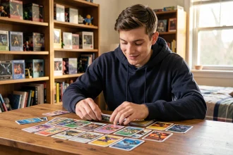 Joueur adulte organisant des cartes Pokémon Pocket sur un bureau en bois pour construire le meilleur deck