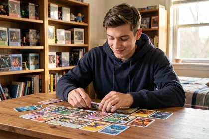 Joueur adulte organisant des cartes Pokémon Pocket sur un bureau en bois pour construire le meilleur deck