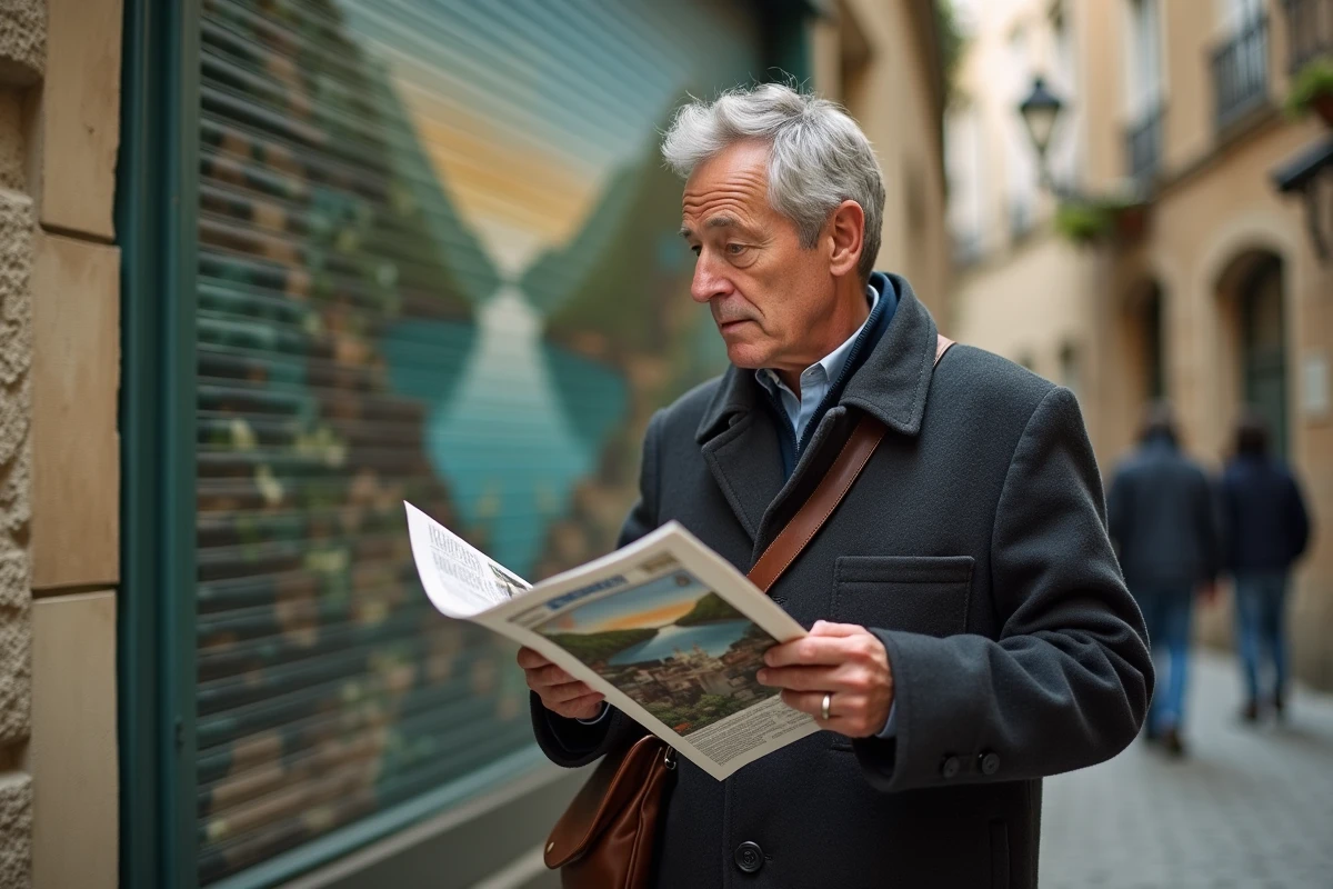 Homme lisant un magazine culturel devant une fresque murale dans une ruelle pavée d'une ville française