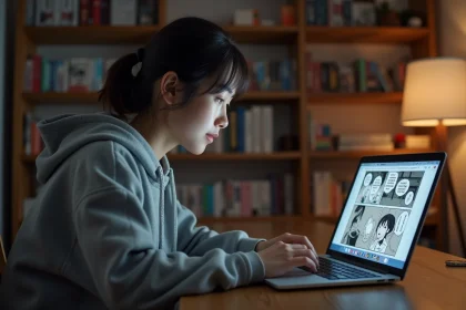 Jeune femme lisant des scans de manga traduits sur un site de lecture en ligne comme Lelsca, assise devant un bureau en bois avec des étagères de mangas en arrière-plan