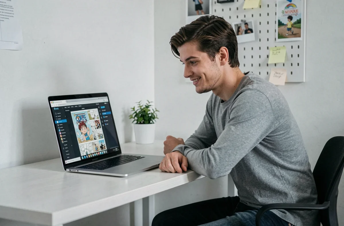 Jeune homme lisant un scan de One Piece en ligne sur son ordinateur dans un bureau à domicile moderne