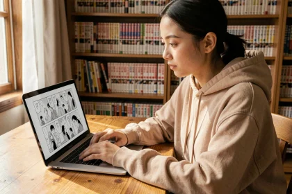 Jeune femme lisant des scans manga en ligne sur un ordinateur portable dans un bureau à domicile chaleureux