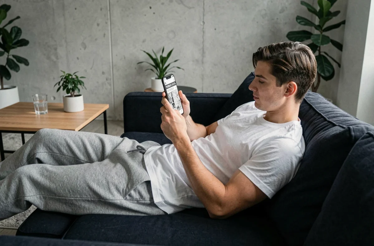 Jeune homme lisant des scans manga sur smartphone allongé sur un canapé dans un appartement moderne