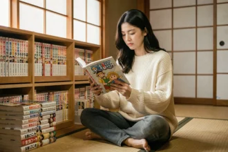 Jeune femme lisant un tome relié de One Piece dans un appartement japonais chaleureux entouré de mangas