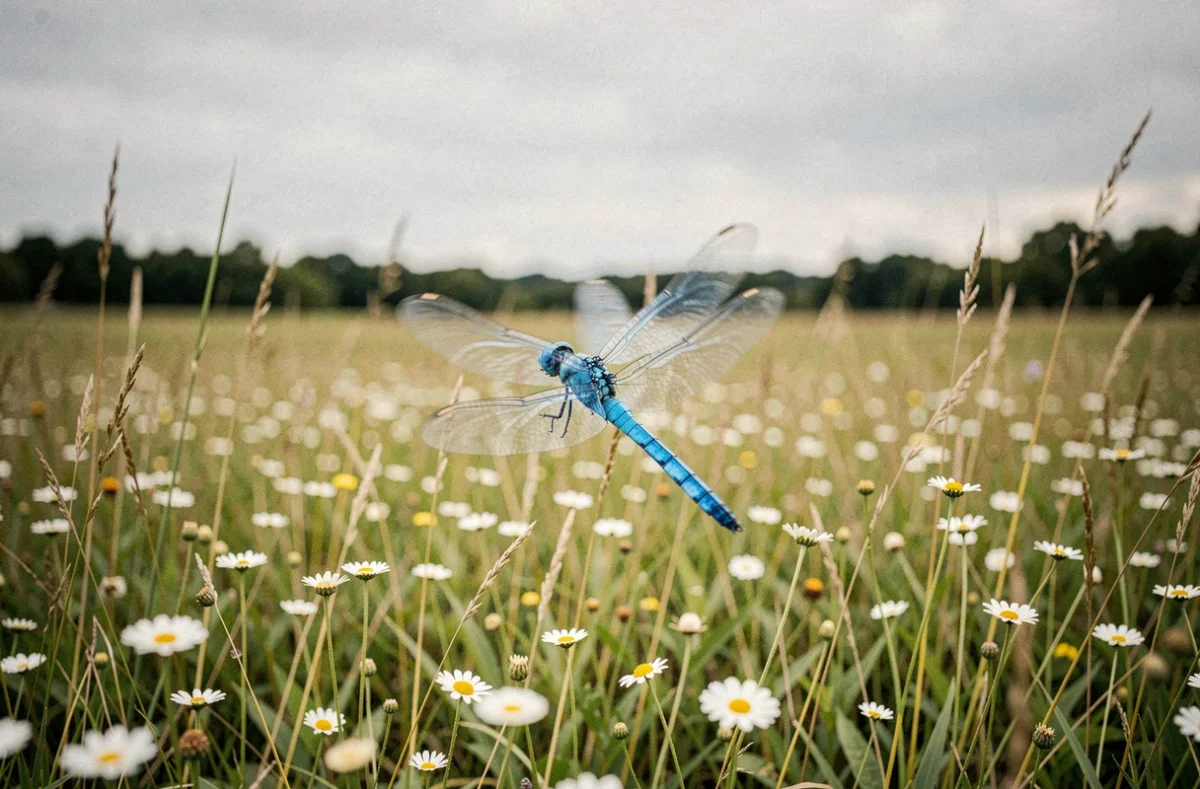 Libellule bleue en vol au-dessus d'une prairie fleurie, évoquant les synchronicités spirituelles et les messages des rêves