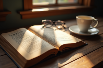 Livre de droit civil français sur un bureau en bois avec lunettes et café