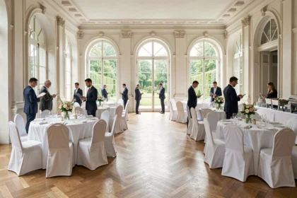 Salle de réception élégante dans les Hauts-de-Seine avec jardin et tables dressées pour un événement