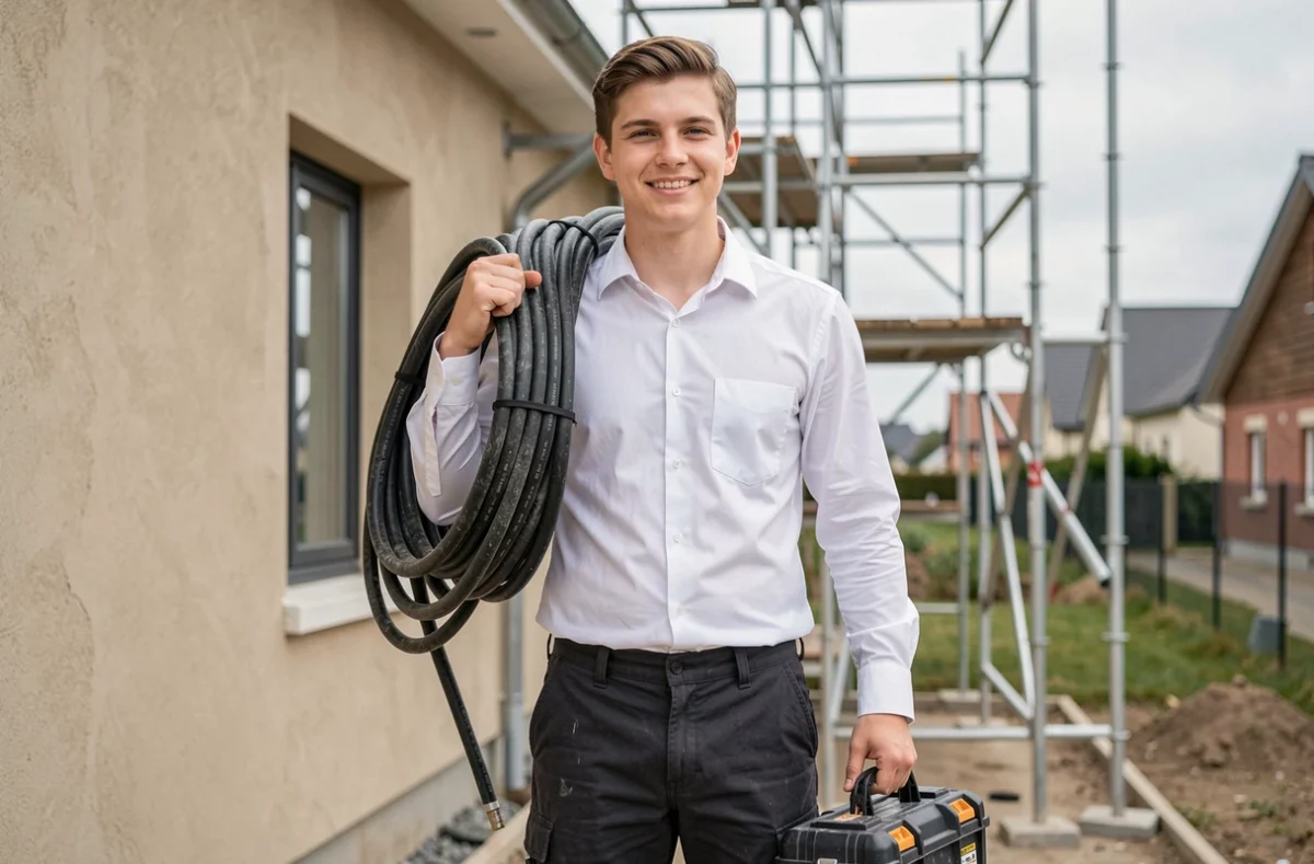 Électricien de Louis Colot EI devant une maison neuve en construction dans la Somme