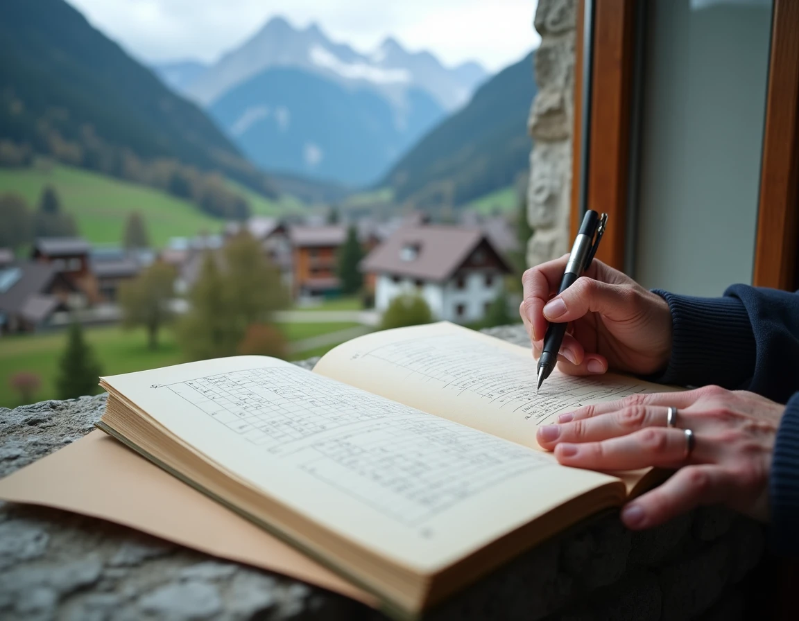 Mains tenant un stylo sur un livre de mots fléchés ouvert près d'une fenêtre avec vue sur les Alpes suisses