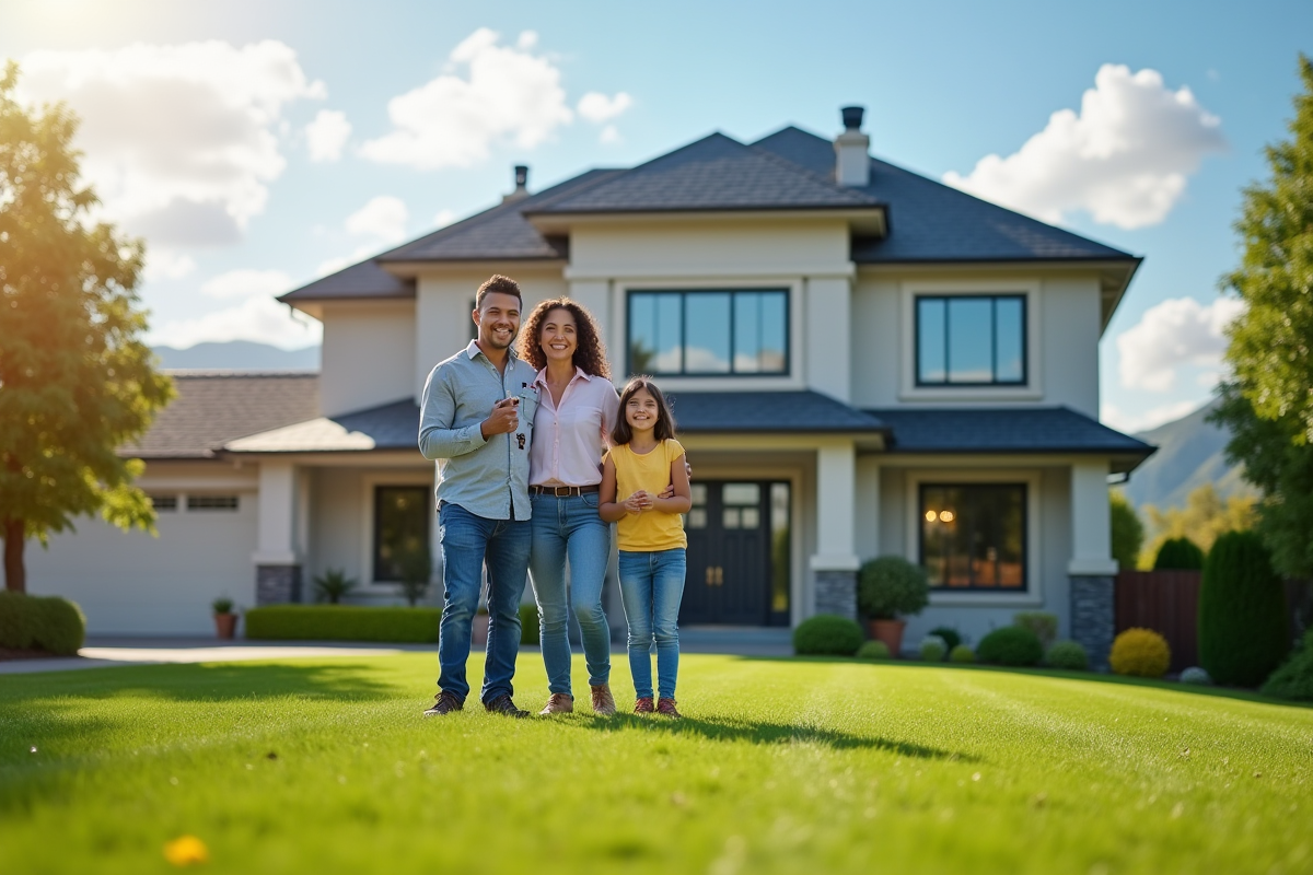 Famille souriante devant leur maison avec clés en main