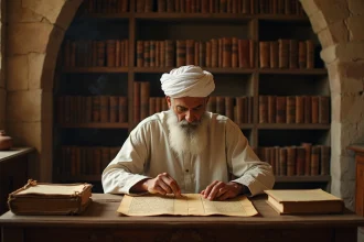 Érudit islamique âgé étudiant des manuscrits arabes anciens dans une bibliothèque historique en pierre, évoquant l'imam Malik ibn Anas et la rédaction du Muwatta