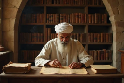 Érudit islamique âgé étudiant des manuscrits arabes anciens dans une bibliothèque historique en pierre, évoquant l'imam Malik ibn Anas et la rédaction du Muwatta