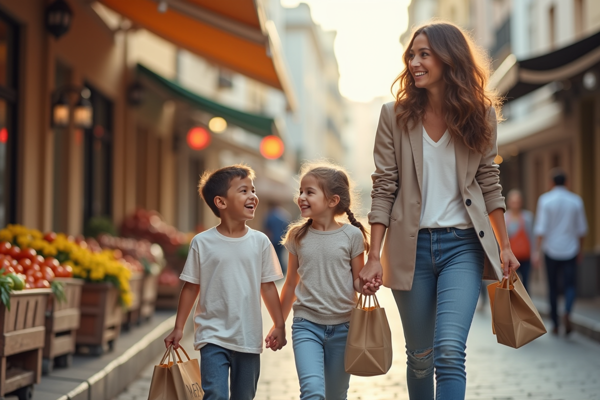 Maman tenant la main de ses enfants lors des courses
