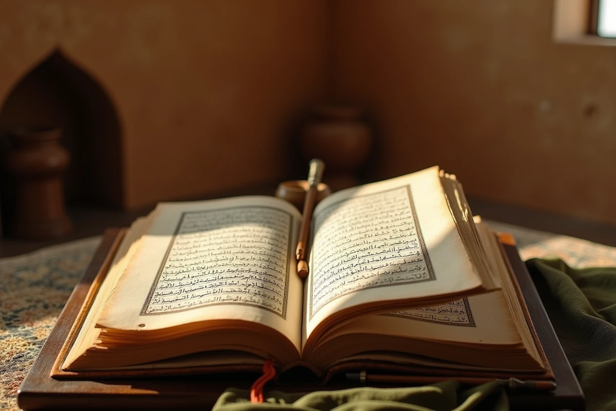 Gros plan d'un manuscrit islamique ancien ouvert avec calligraphie arabe en écriture coufique, représentant les textes fondateurs du Muwatta de l'imam Malik