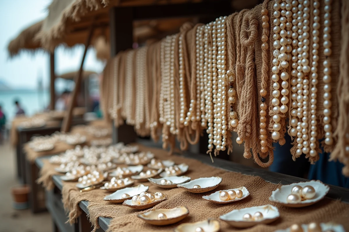 Étal de marché côtier présentant une grande variété de perles d'huître à des prix différents selon la qualité et la taille