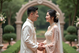 Jeune couple marié dans un jardin fleuri lors d'une cérémonie