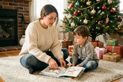 Mère expliquant la magie des rennes du Père Noël à son enfant devant un sapin de Noël décoré