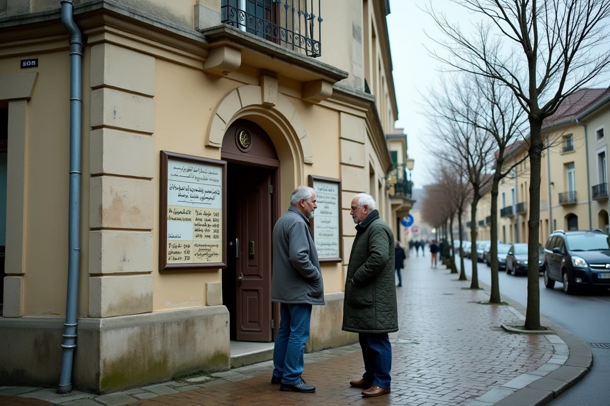 Façade d'une mosquée de quartier à Bezons avec tableau des horaires de prières affiché à l'entrée