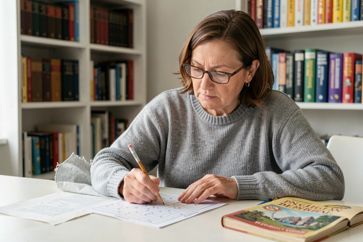 Femme résolvant des mots croisés avec un guide sur les villes de Belgique posé à côté