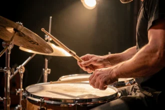 Musicien et percussions sur une scène éclairée
