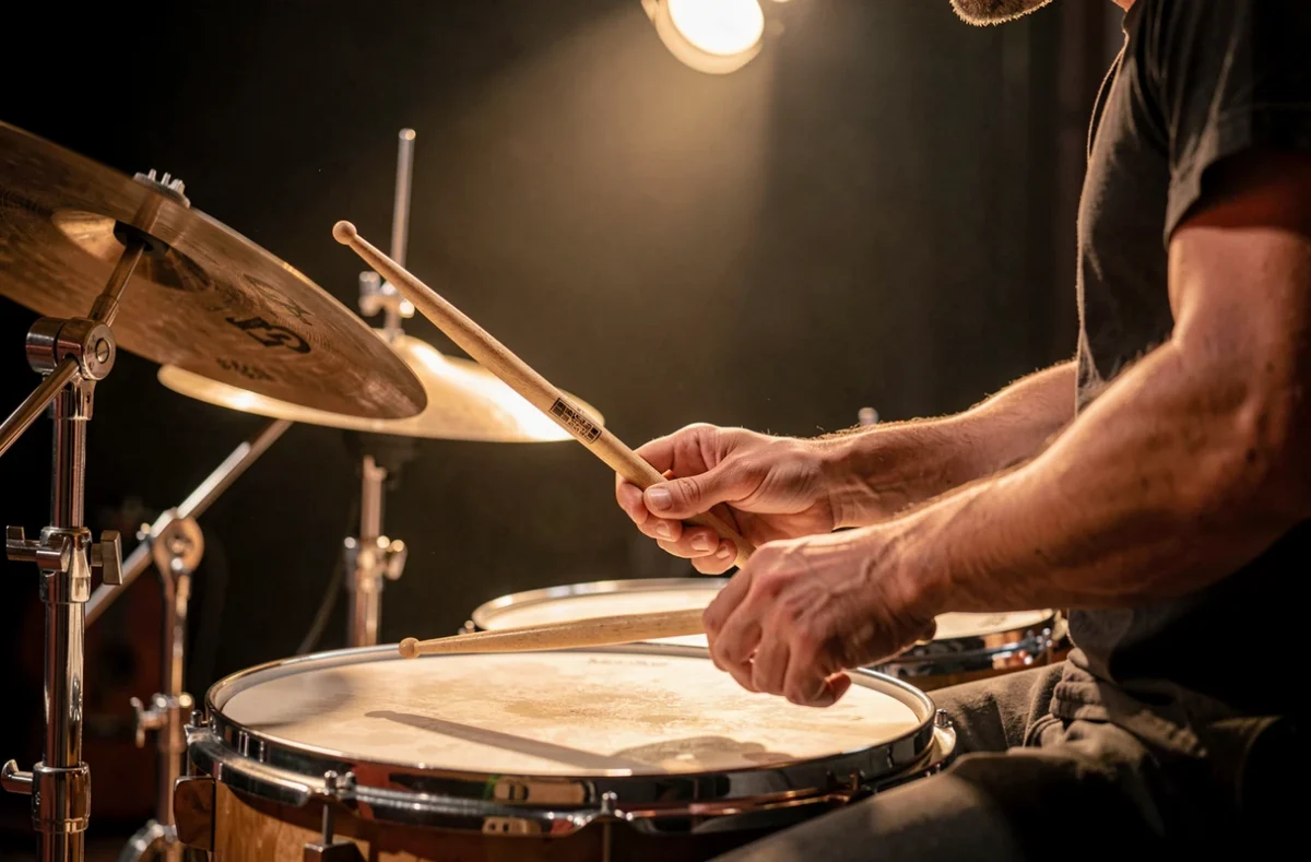 Musicien et percussions sur une scène éclairée