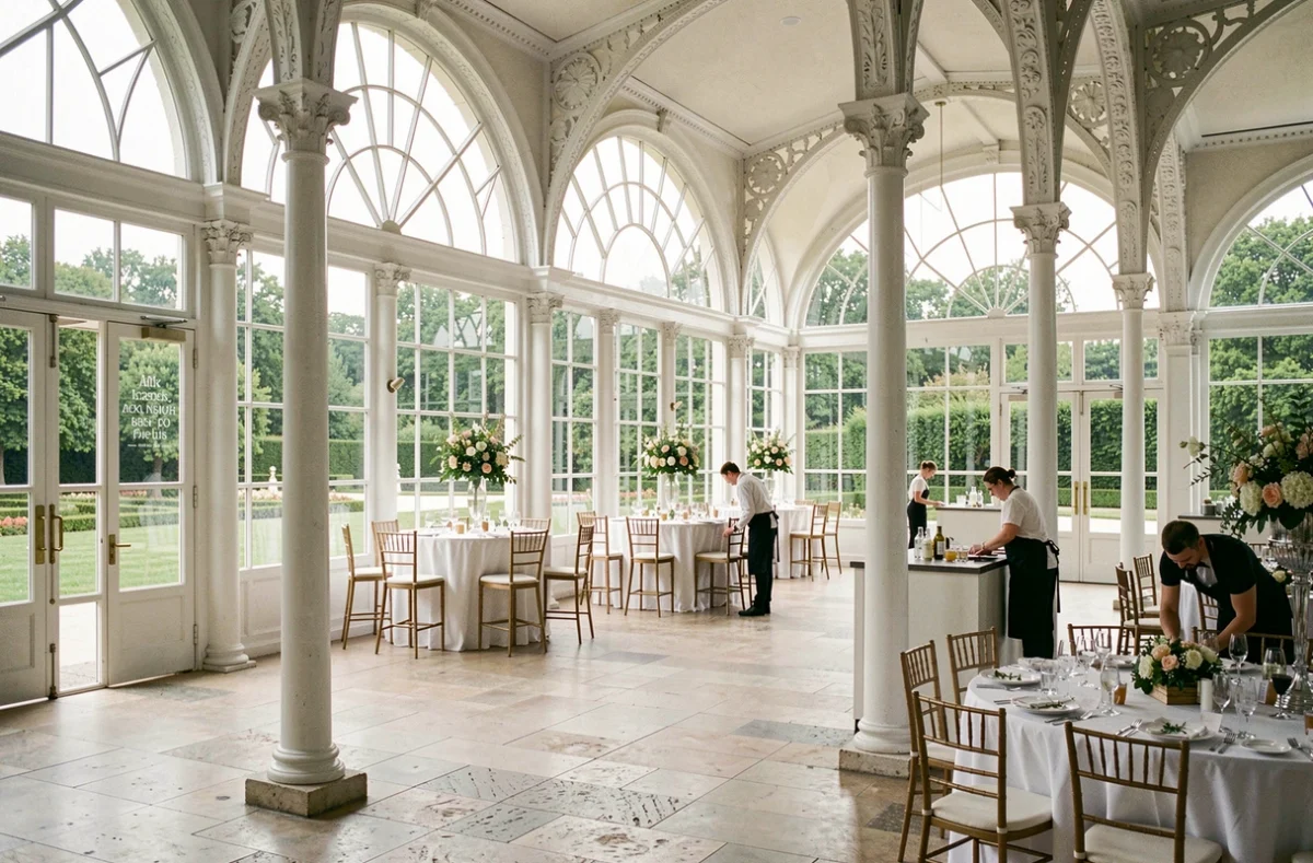 Intérieur de l'Orangerie de Sceaux aménagée en espace cocktail avec colonnes en fonte et vue sur le parc