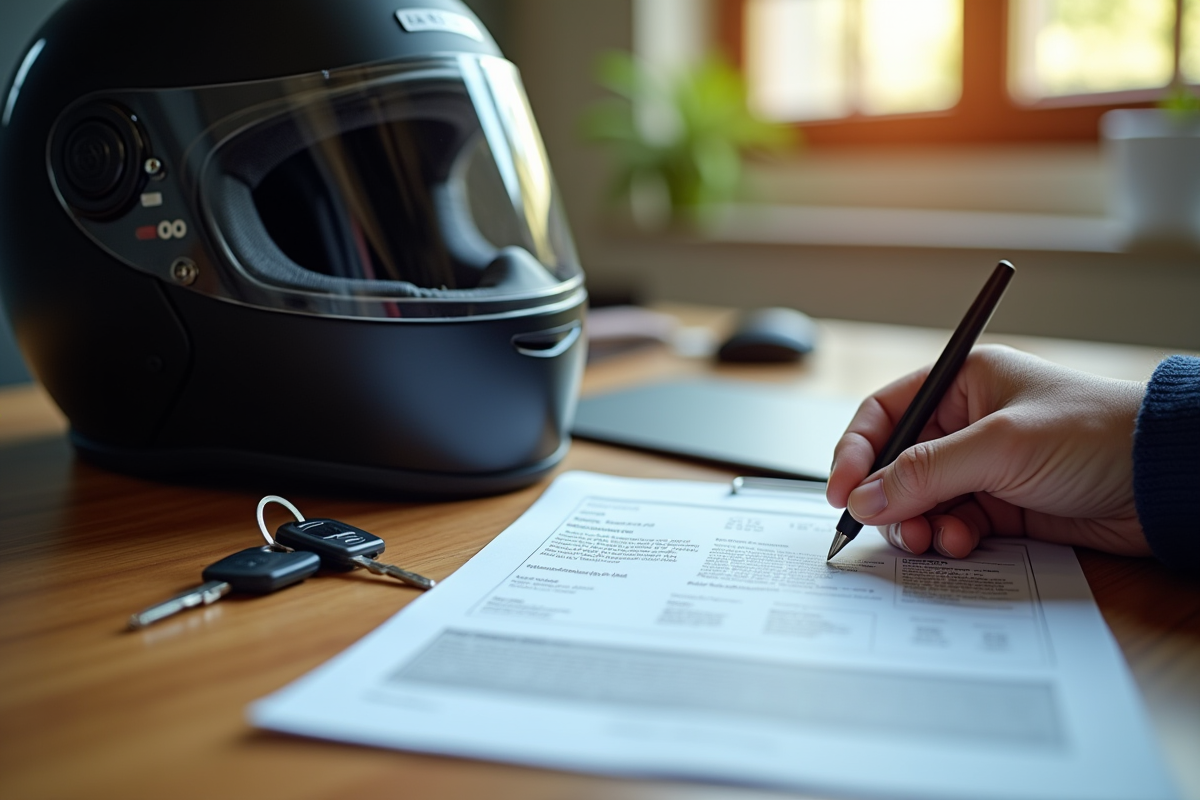 Gros plan sur papiers de permis moto clés et casque sur bureau