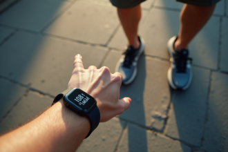 Vue en plongée de pieds en baskets sportives marche sur le trottoir avec montre connectée
