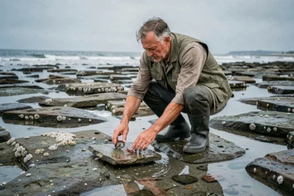 Pêcheur à pied sur les rochers découverts à marée basse à Saint-Hilaire-de-Riez, cherchant des coquillages au créneau idéal de pêche
