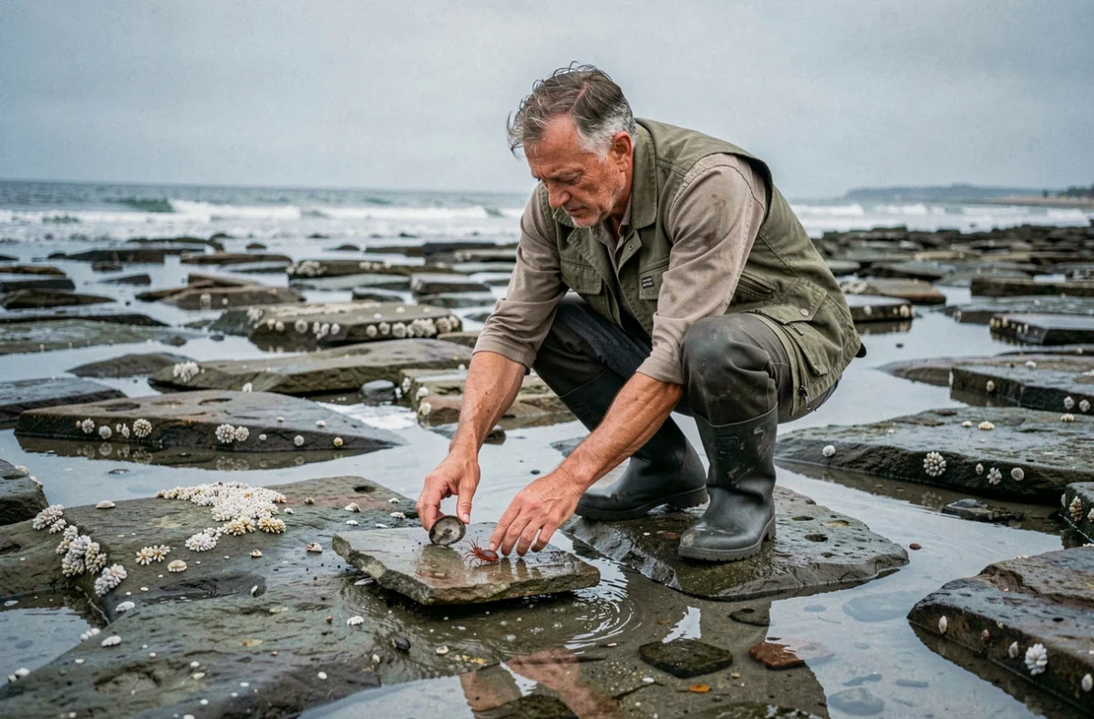 Pêcheur à pied sur les rochers découverts à marée basse à Saint-Hilaire-de-Riez, cherchant des coquillages au créneau idéal de pêche