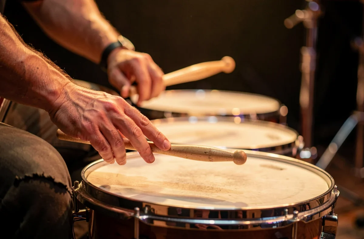Percussions et instruments d'un groupe sur scène
