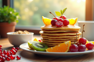 Table de petit déjeuner avec pancakes et fruits frais