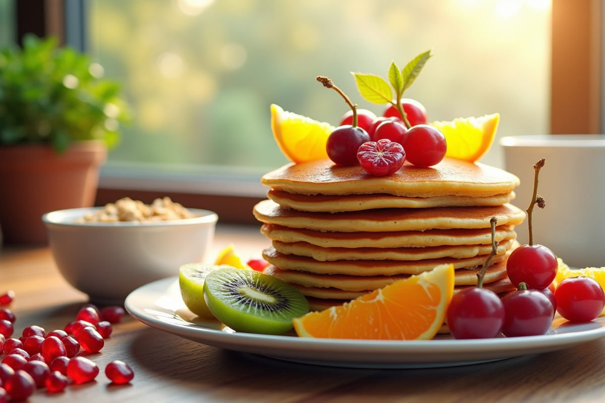 Table de petit déjeuner avec pancakes et fruits frais