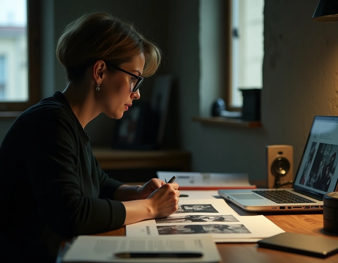 Photojournaliste femme analysant des planches contact dans un bureau de presse en zone de conflit