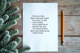 Poème sur l'hiver imprimé sur une feuille A4 posée sur un bureau en bois avec un crayon et une branche de pin givré