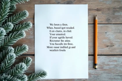Poème sur l'hiver imprimé sur une feuille A4 posée sur un bureau en bois avec un crayon et une branche de pin givré